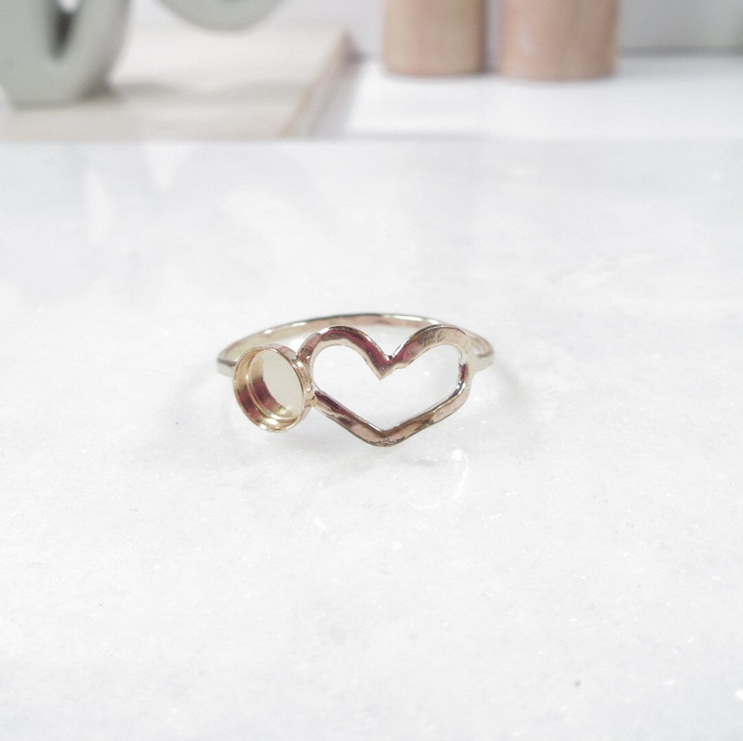 Bezel Cup Ring Setting - Heart, Round, 1mm Band, Choose Your Cup, Solid 14k Gold