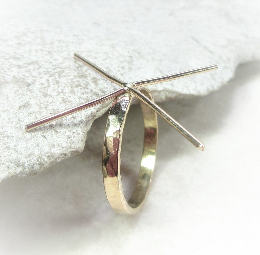 Raw Gemstone Ring - Hammered Flat, 3mm Band, Solid 14k Gold