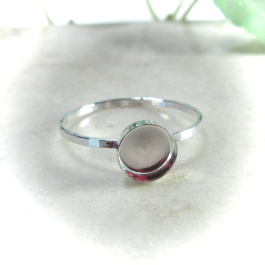 Bezel Cup Ring Setting - Hammered, Round, 2mm Band, Choose Your Cup, Solid 14k Gold