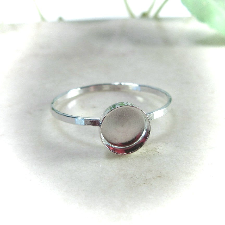 Bezel Cup Ring Setting - Hammered, Round, 2mm Band, Choose Your Cup, Choose Your Metal